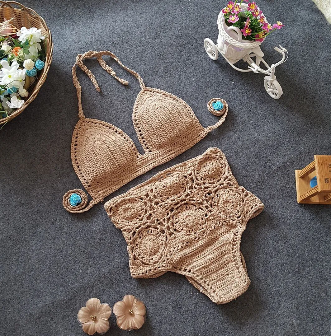 Women's high waisted crochet flower bikini set in brown with hollow split detail on the sides