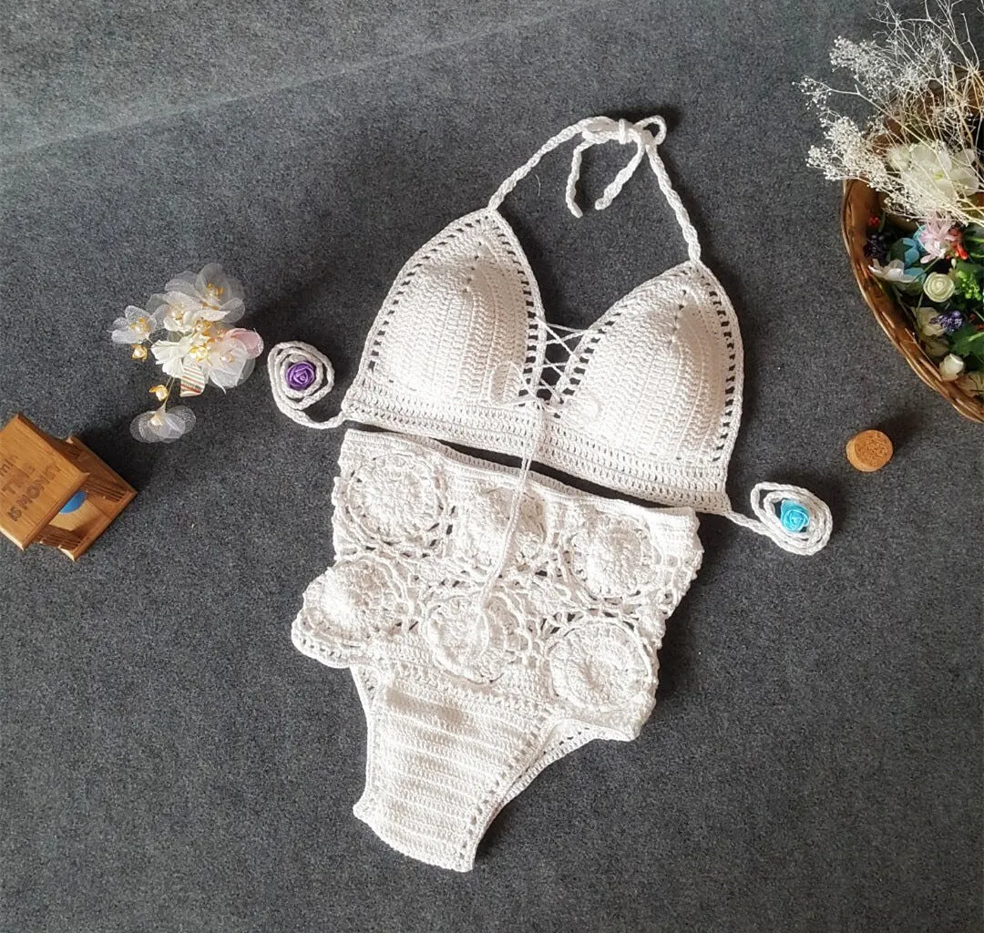 Women's high waisted crochet flower bikini set in brown with hollow split detail on the sides