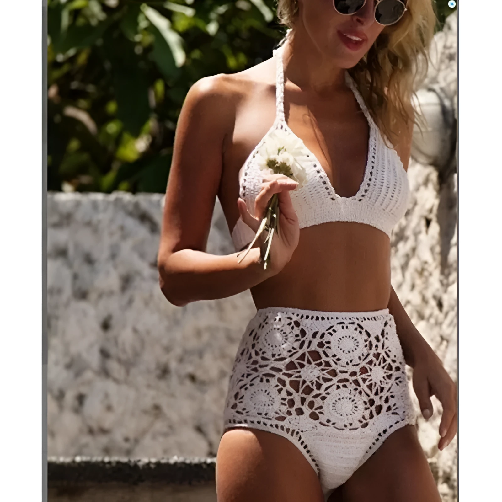 Women's high waisted crochet flower bikini set in brown with hollow split detail on the sides