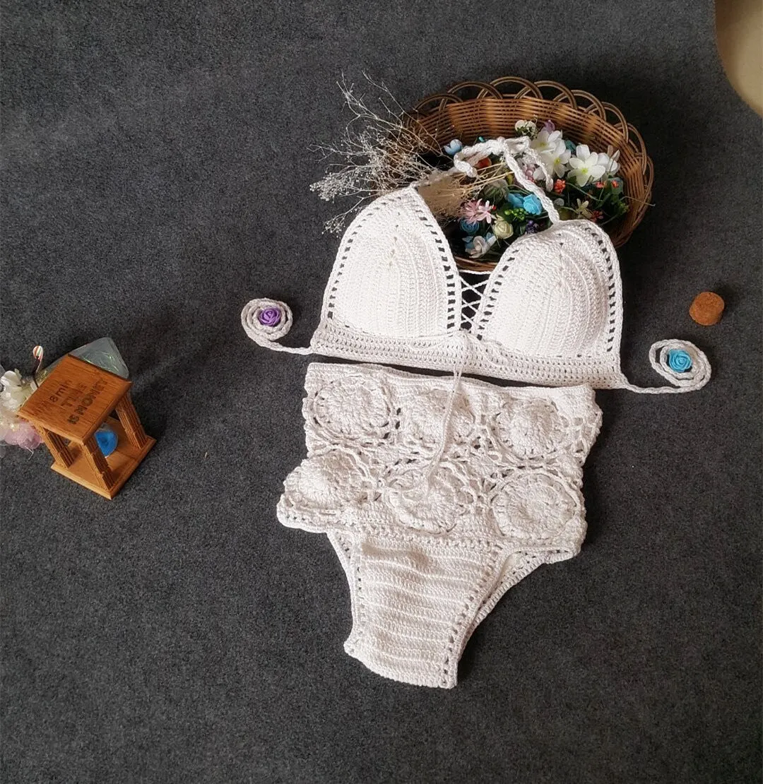 Women's high waisted crochet flower bikini set in brown with hollow split detail on the sides