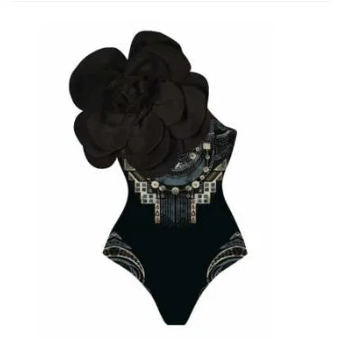 Women's solid colour one-piece swimsuit with European fit in a floral pattern design.