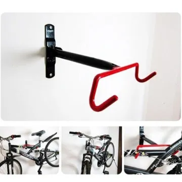 High strength steel bicycle rack in black, 270 x 200 x 350 mm, holding a bike rear wheel upright.