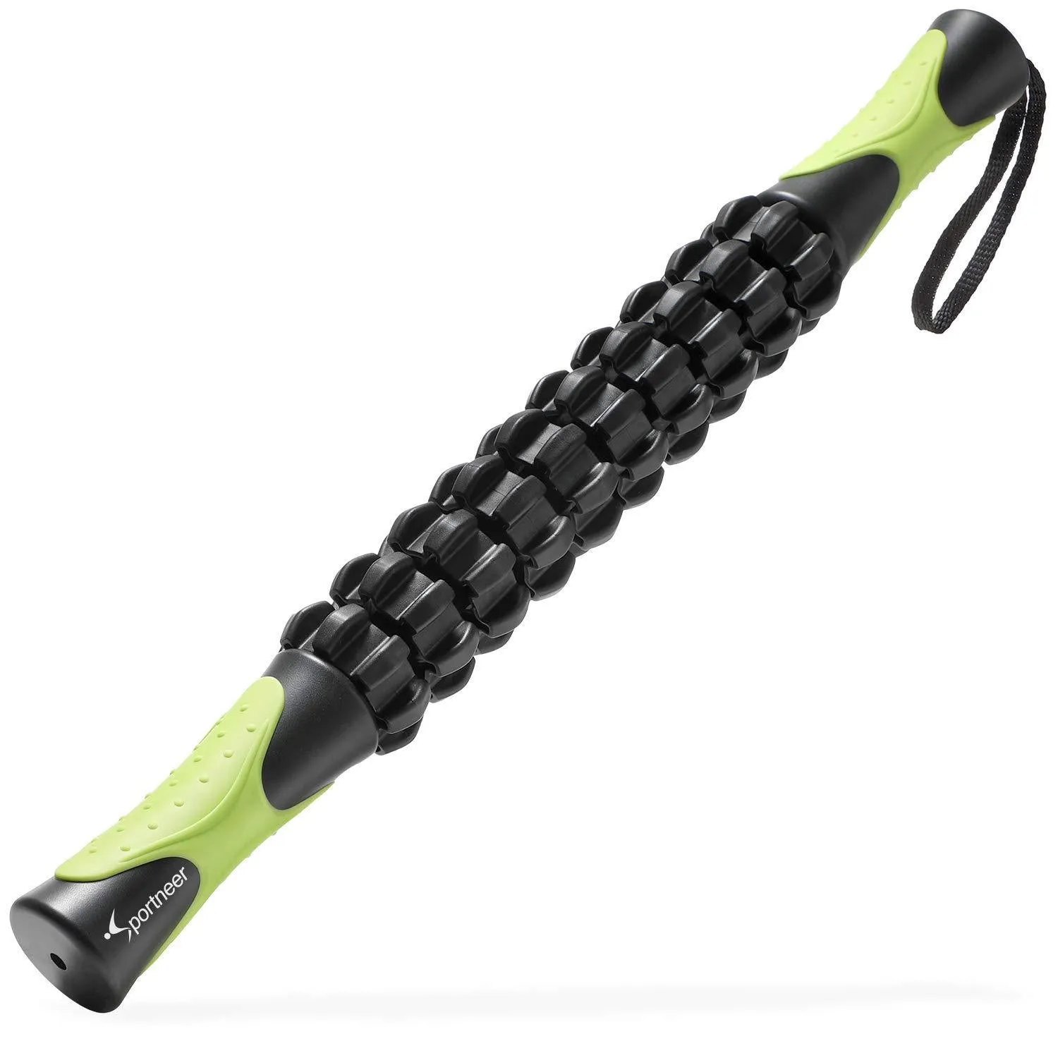 Fascia roller muscle relax massage stick with four convex round heads, ABS plastic, in green