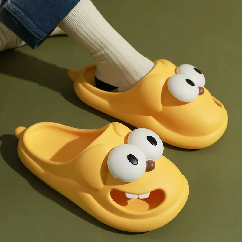 Cartoon big eye dog slippers for women, PVC upper, green colour, fun animal face design