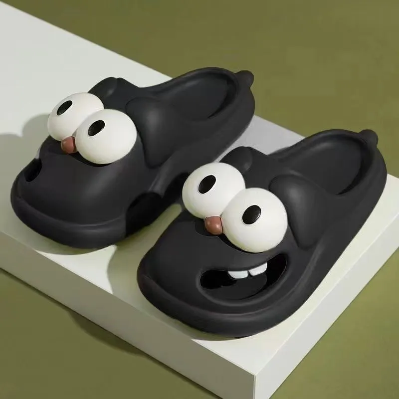 Cartoon big eye dog slippers for women, PVC upper, green colour, fun animal face design