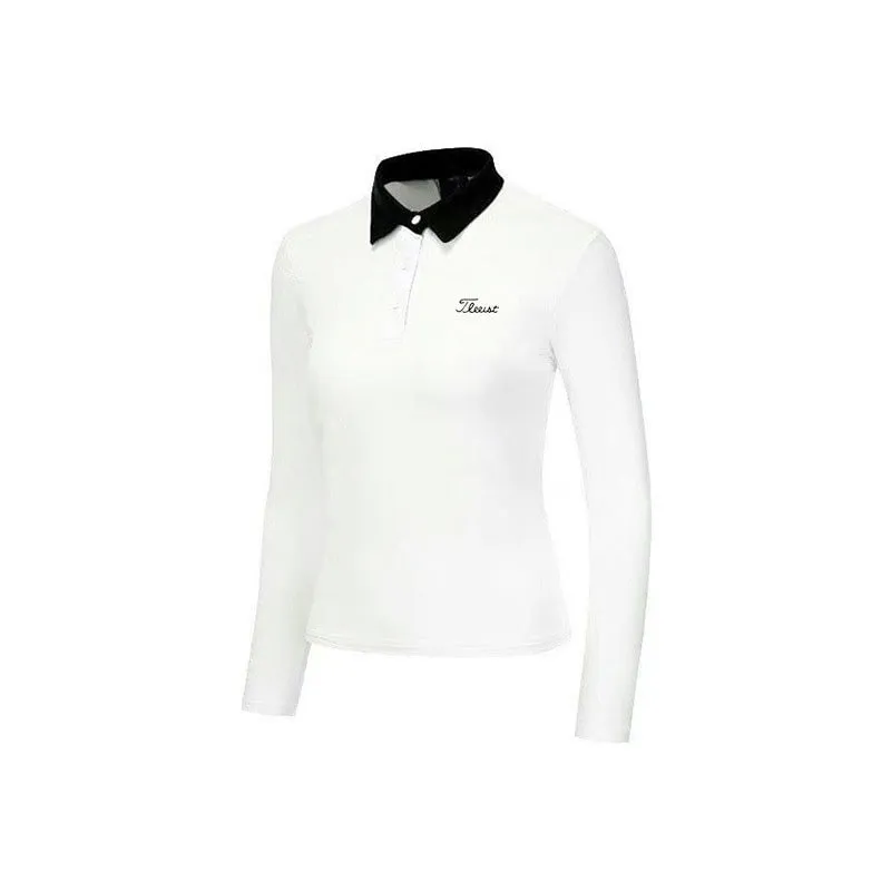 Women's white long sleeve polyester golf top with slim-fit sports style for outdoor sun protection