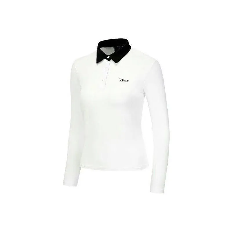 Women's white long sleeve polyester golf top with slim-fit sports style for outdoor sun protection