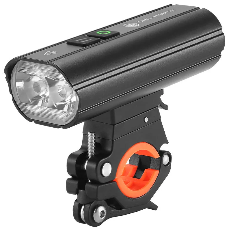 Rechargeable bicycle light with 1800 lumens, black aluminium alloy body, and secure mounting bracket on handlebar
