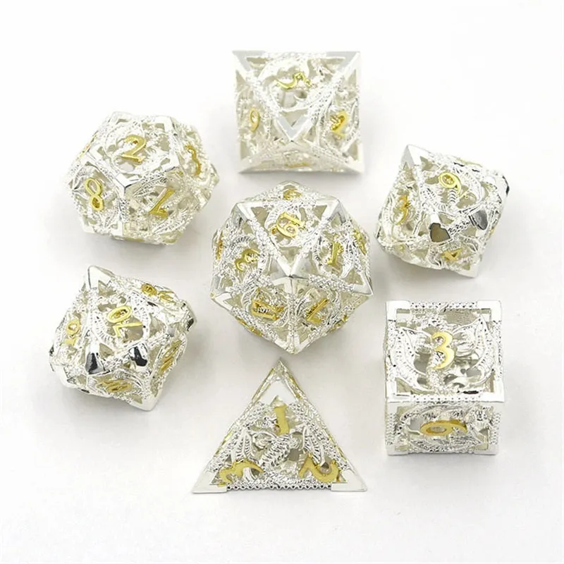 Hollow copper electroplated dice set in ancient bronze, seven polyhedral dice with right-angle edges