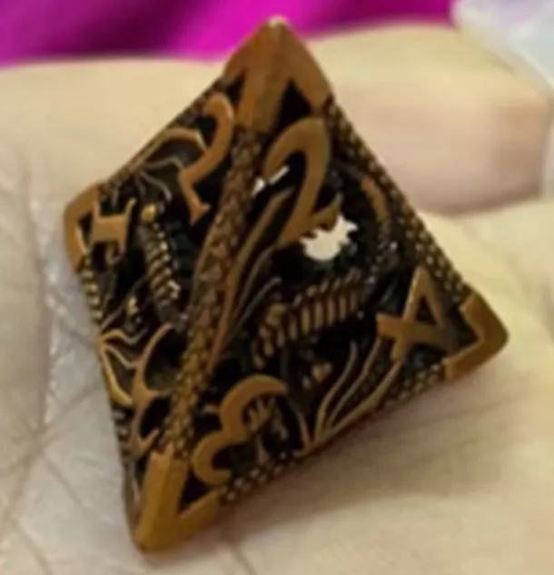 Hollow copper electroplated dice set in ancient bronze, seven polyhedral dice with right-angle edges