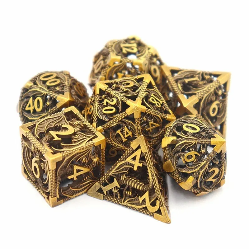 Hollow copper electroplated dice set in ancient bronze, seven polyhedral dice with right-angle edges