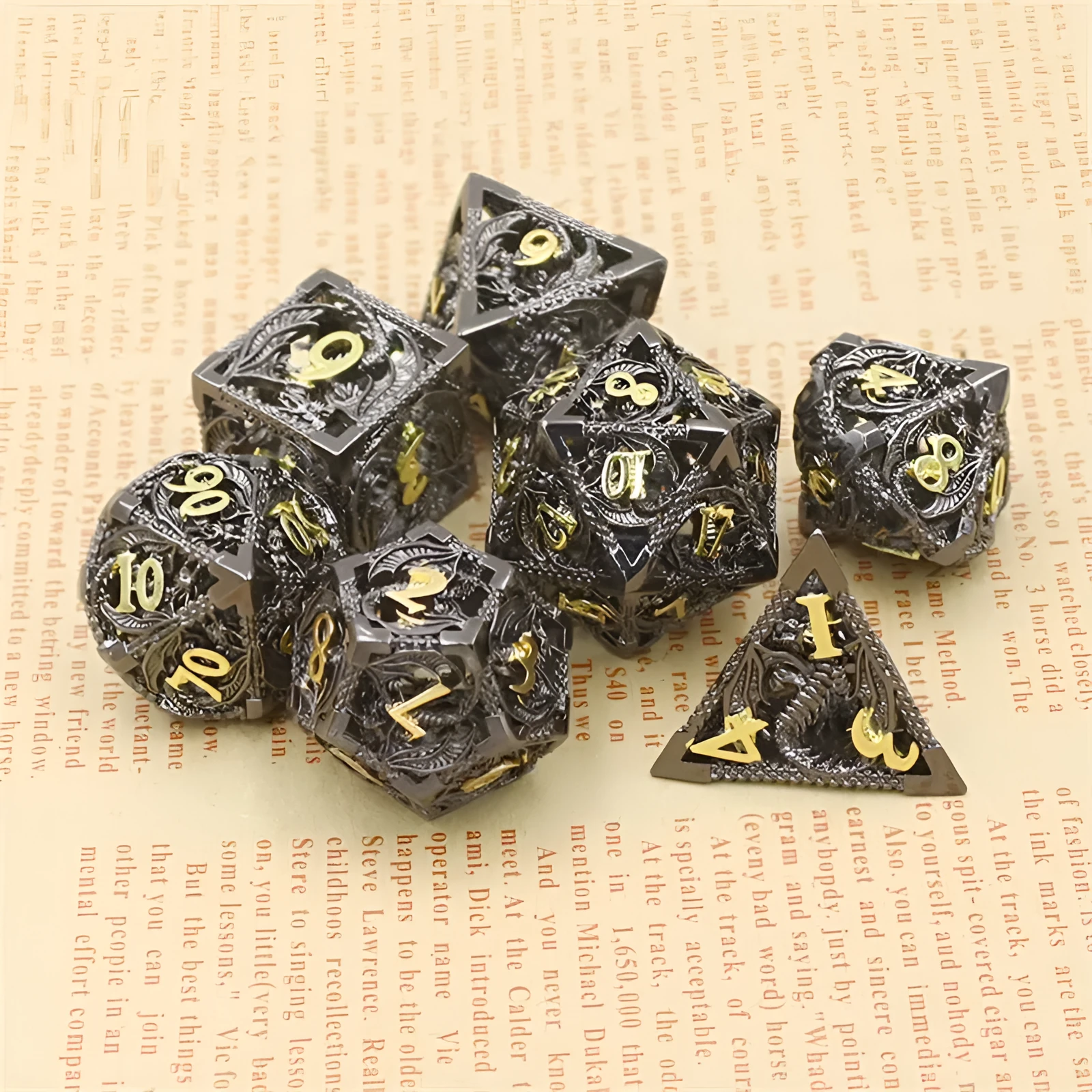 Hollow copper electroplated dice set in ancient bronze, seven polyhedral dice with right-angle edges