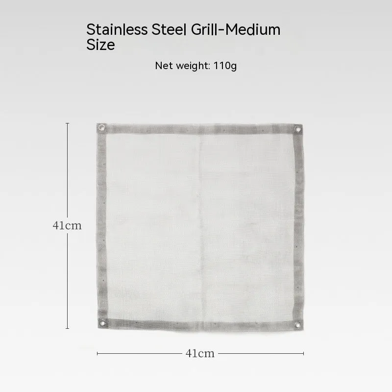 Silver stainless steel barbecue grill set with cooking net, shown in medium and large size options.