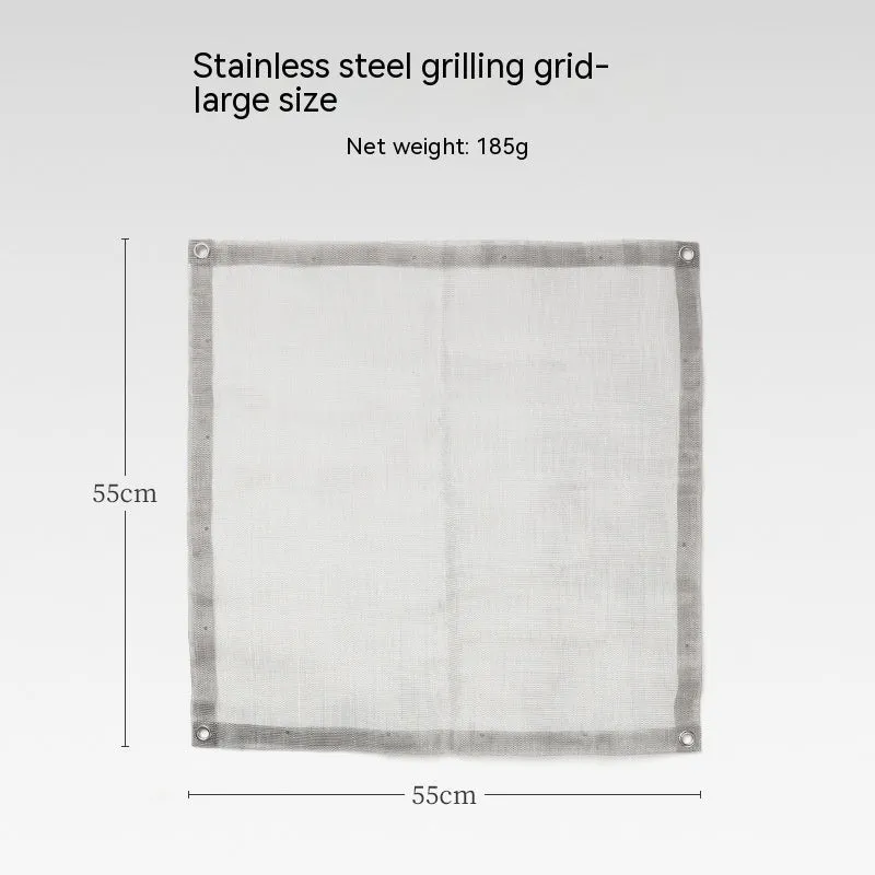 Silver stainless steel barbecue grill set with cooking net, shown in medium and large size options.