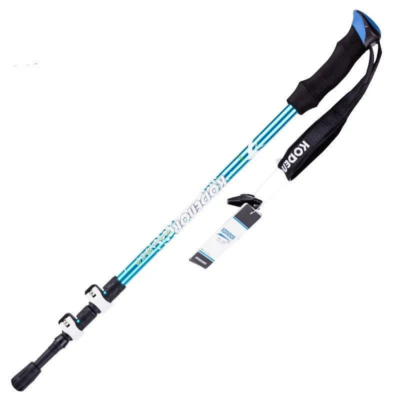 Aluminium alloy trekking pole with straight handle in blue, adjusted to medium length