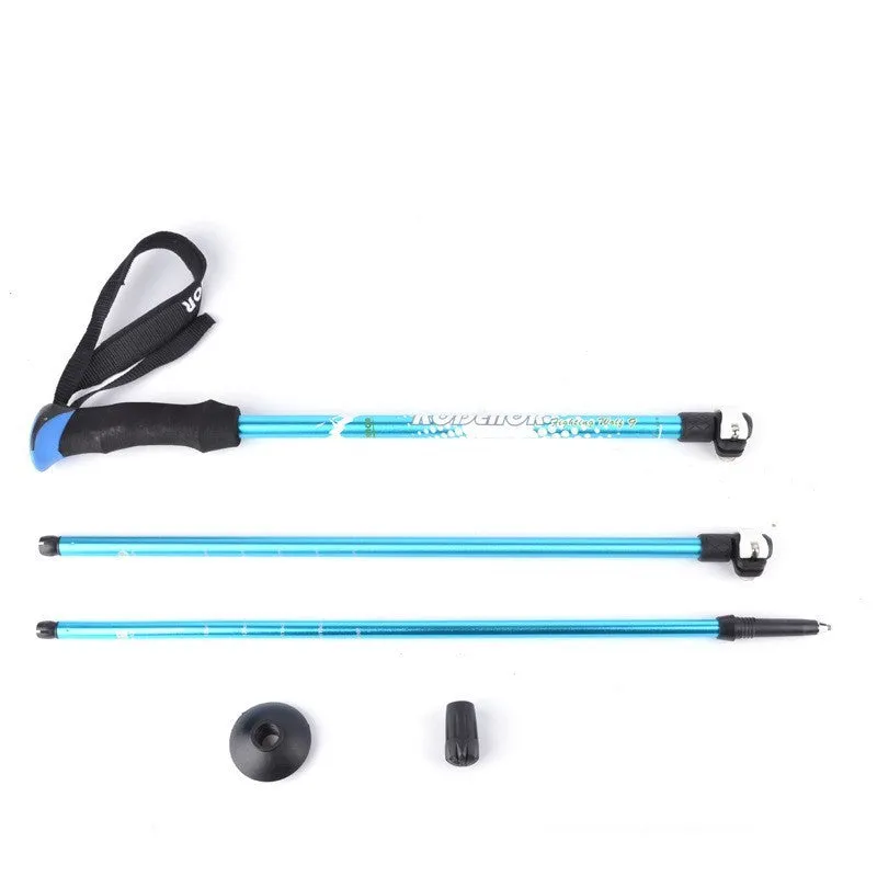 Aluminium alloy trekking pole with straight handle in blue, adjusted to medium length