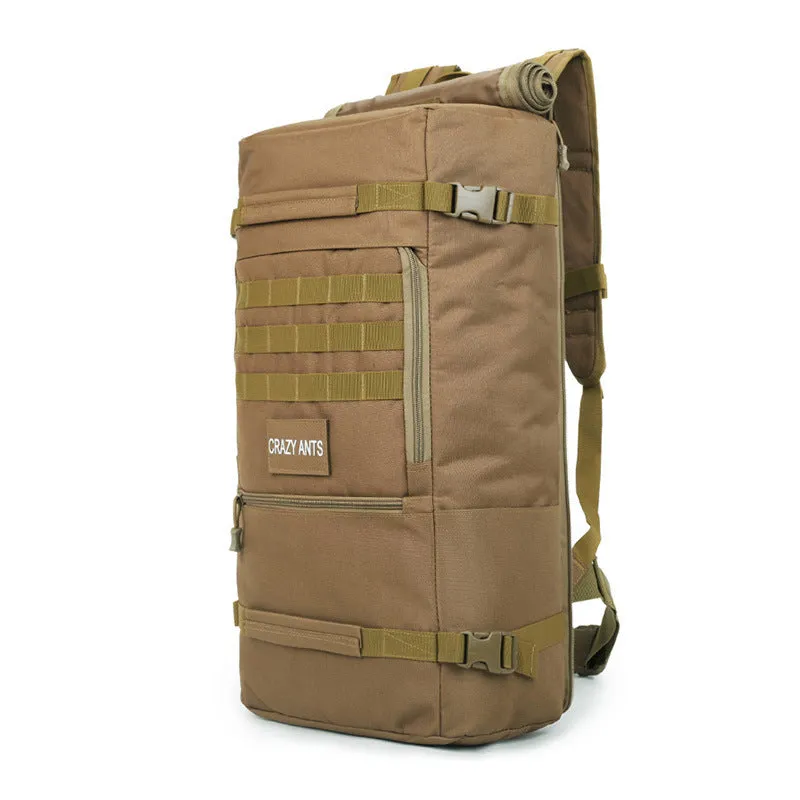 60 litre camouflage tactical backpack made from waterproof nylon with double shoulder straps, outdoor use.