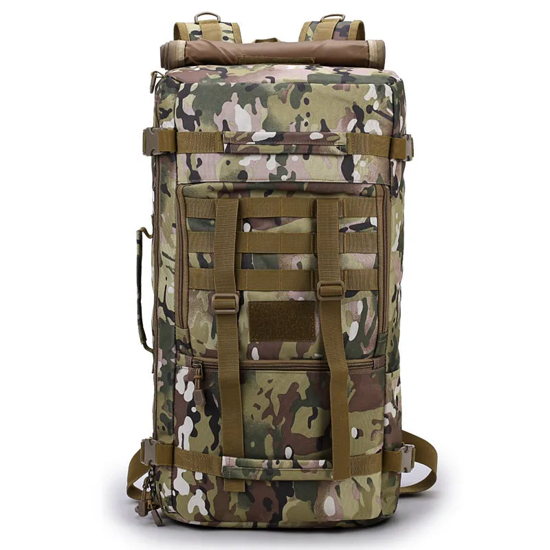 60 litre camouflage tactical backpack made from waterproof nylon with double shoulder straps, outdoor use.