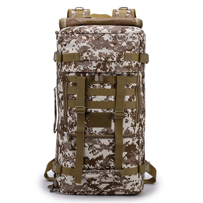 60 litre camouflage tactical backpack made from waterproof nylon with double shoulder straps, outdoor use.