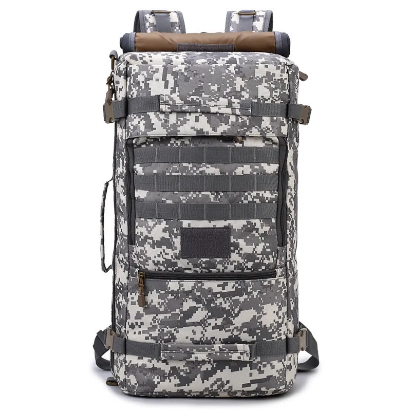 60 litre camouflage tactical backpack made from waterproof nylon with double shoulder straps, outdoor use.