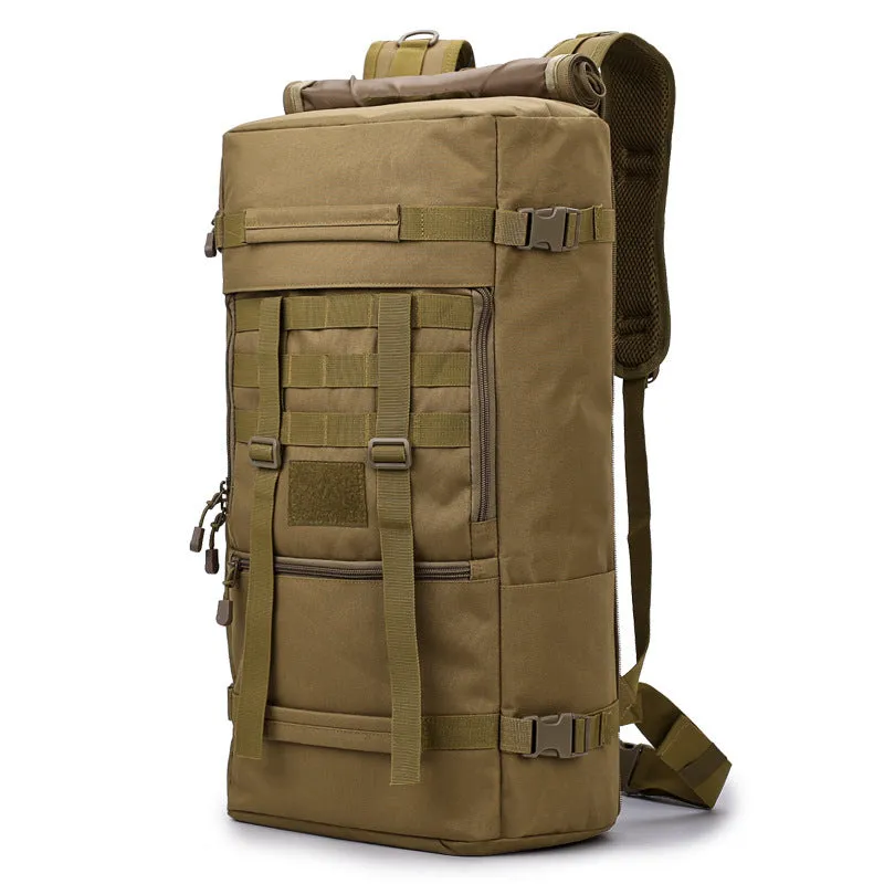 60 litre camouflage tactical backpack made from waterproof nylon with double shoulder straps, outdoor use.