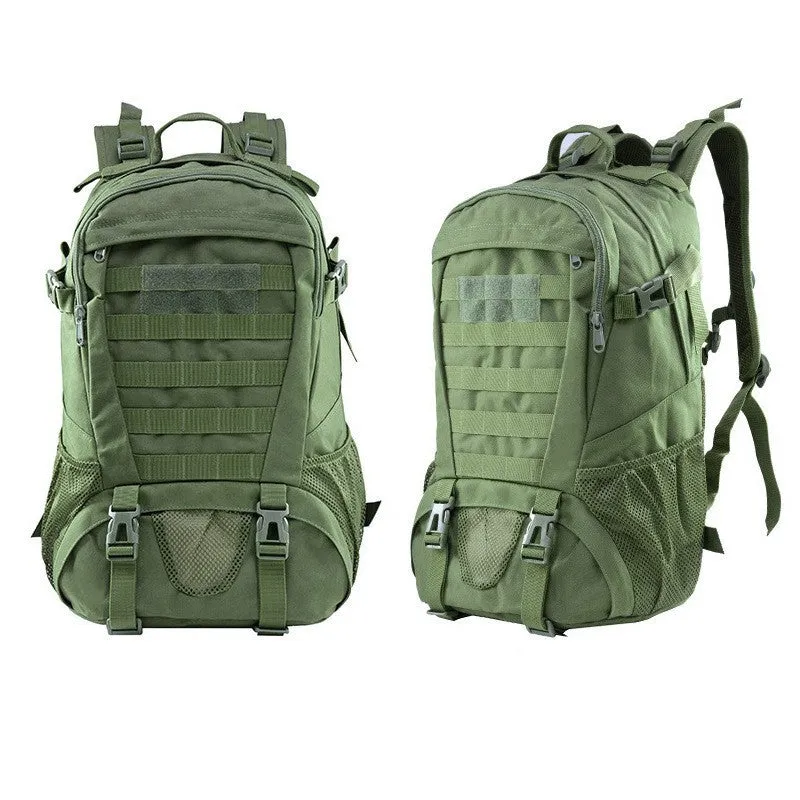 Green camouflage Oxford cloth mountaineering backpack with air pillow belt straps.