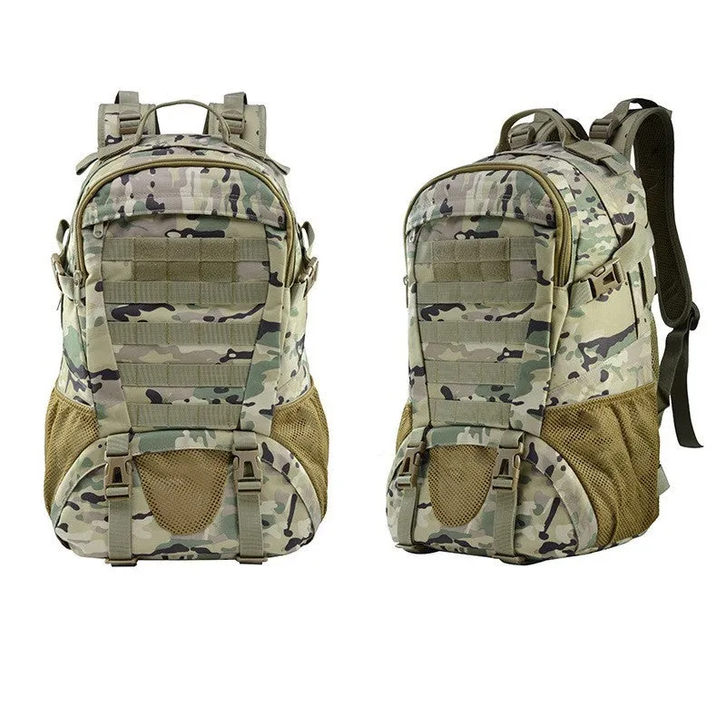 Green camouflage Oxford cloth mountaineering backpack with air pillow belt straps.