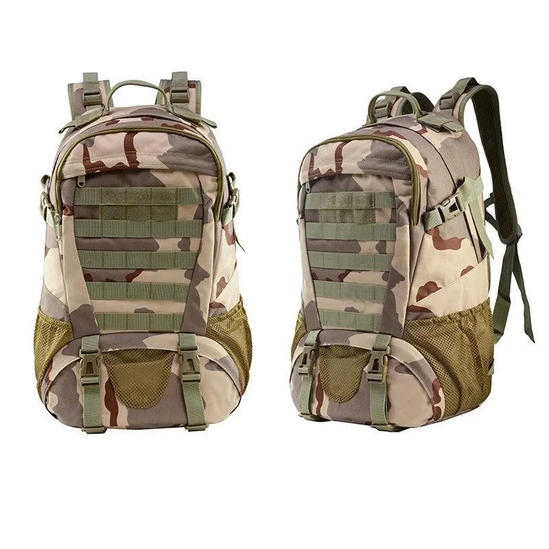 Green camouflage Oxford cloth mountaineering backpack with air pillow belt straps.