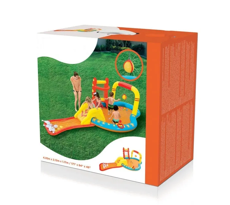 Inflatable PVC children's paddling pool 435x213x117cm in bowling water park design, deflated on grass
