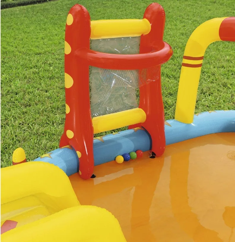 Inflatable PVC children's paddling pool 435x213x117cm in bowling water park design, deflated on grass