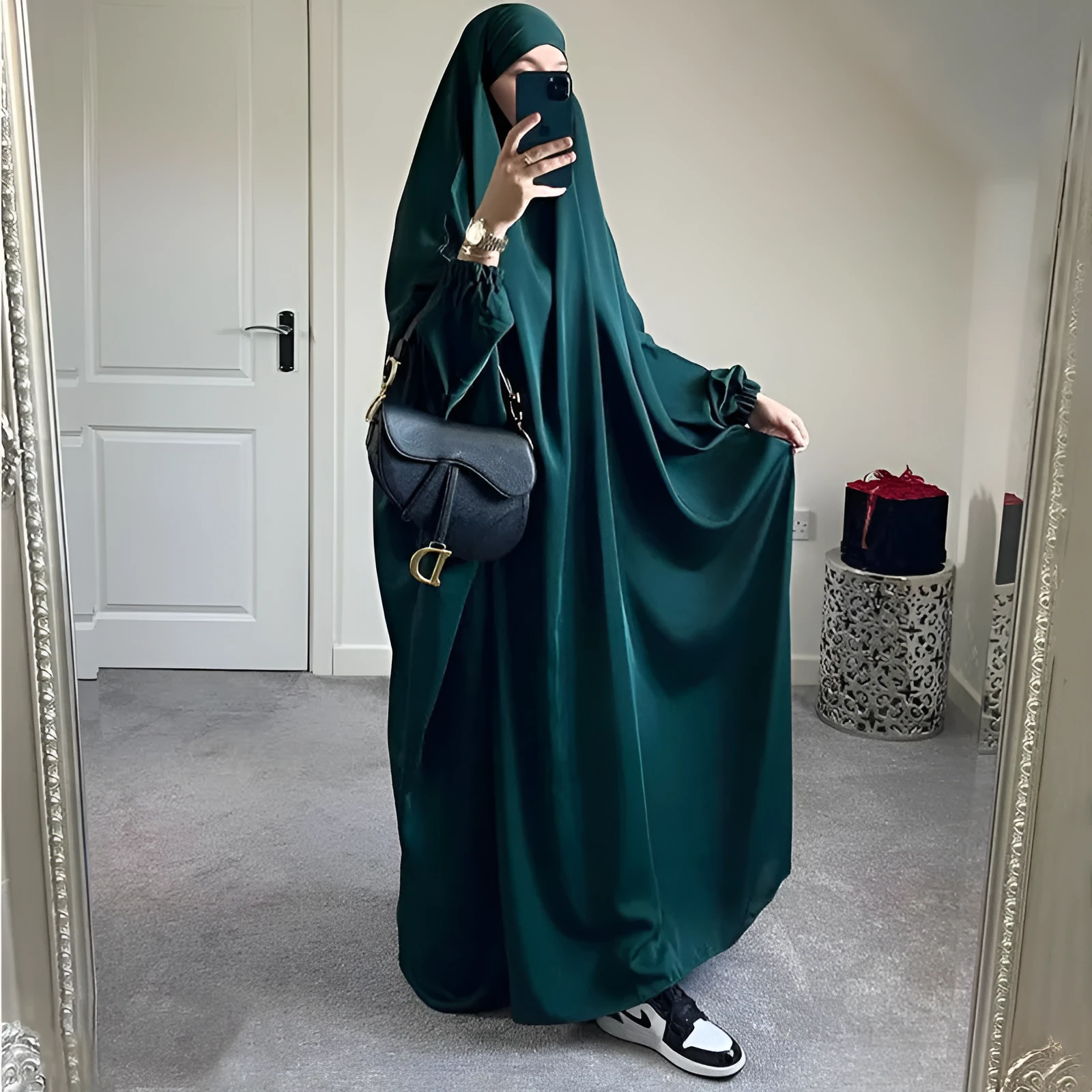 Women's one-piece prayer dress in dark green polyester with regular sleeves and strap details