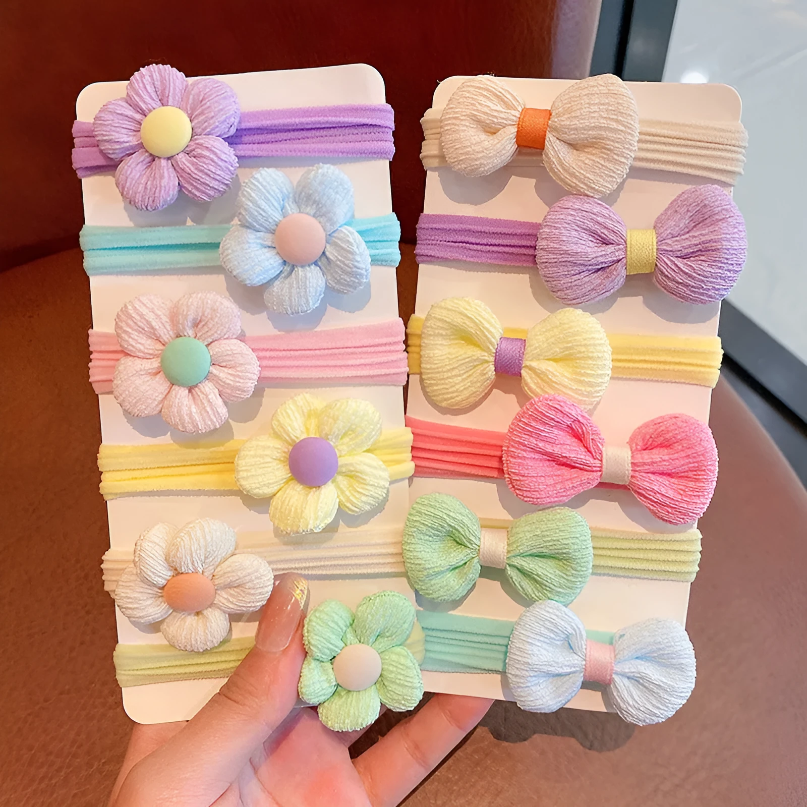 Children's cloth flower headband and bow tie hair ring 6-piece set in pastoral style