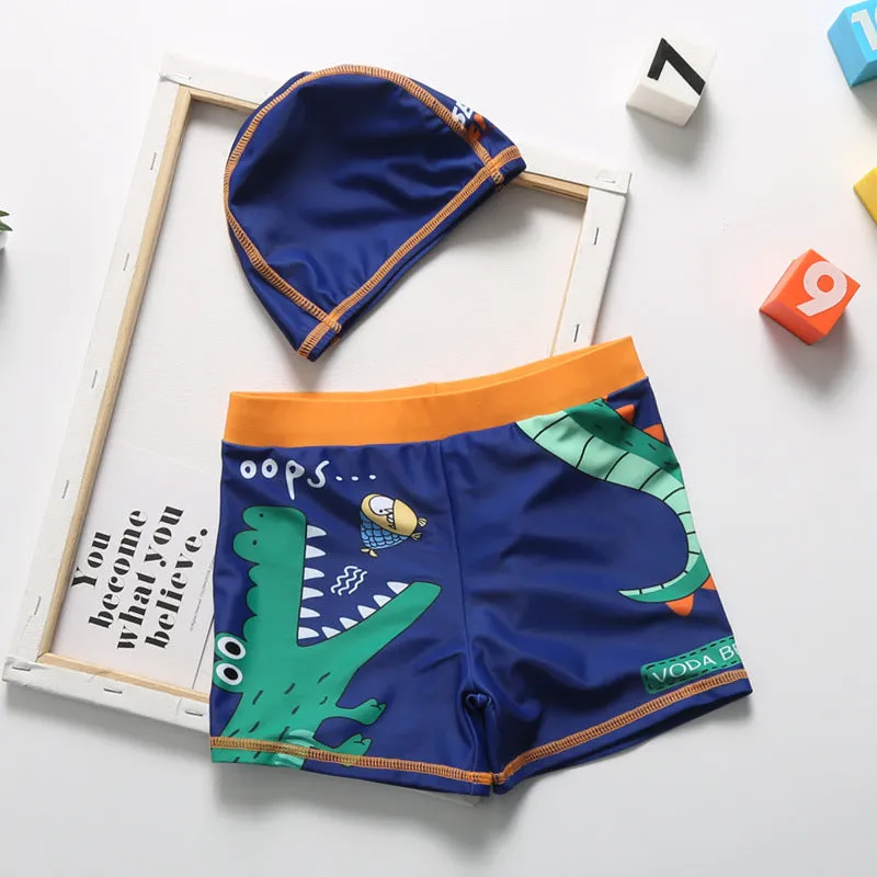 Cartoon dinosaur swimming trunks set for boys in light blue, dark blue, and orange colours