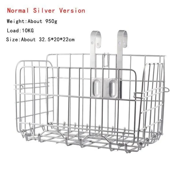 Folding steel bicycle basket in silver, 32.5 cm long, for mountain and road bikes