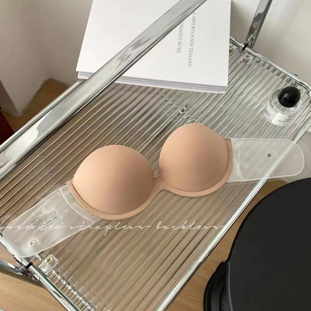 Strapless adhesive push up bra in skin colour with cotton lined mould cup and steel ring