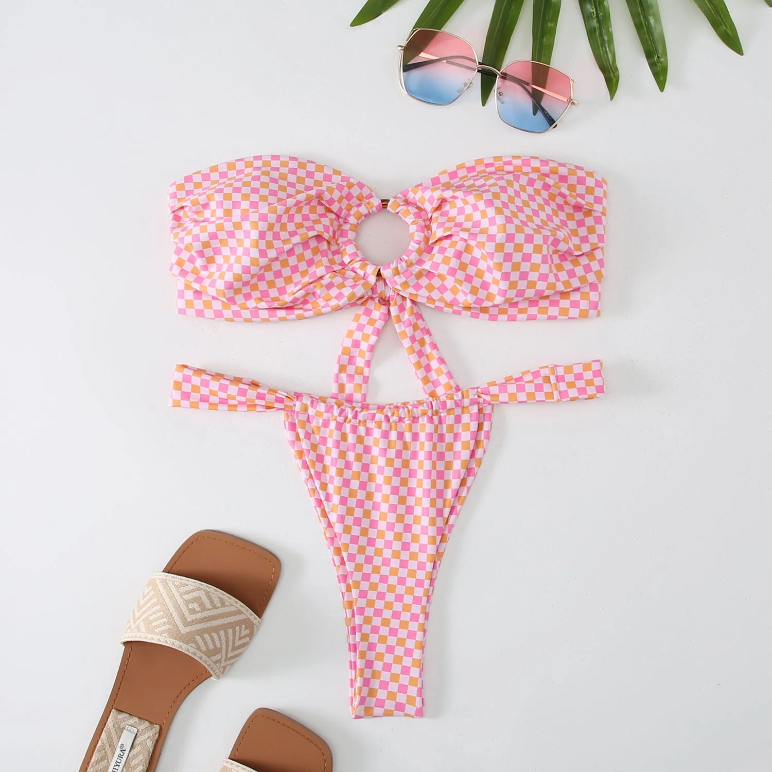 Women's floral printed tube top ring bikini swimsuit with backless briefs