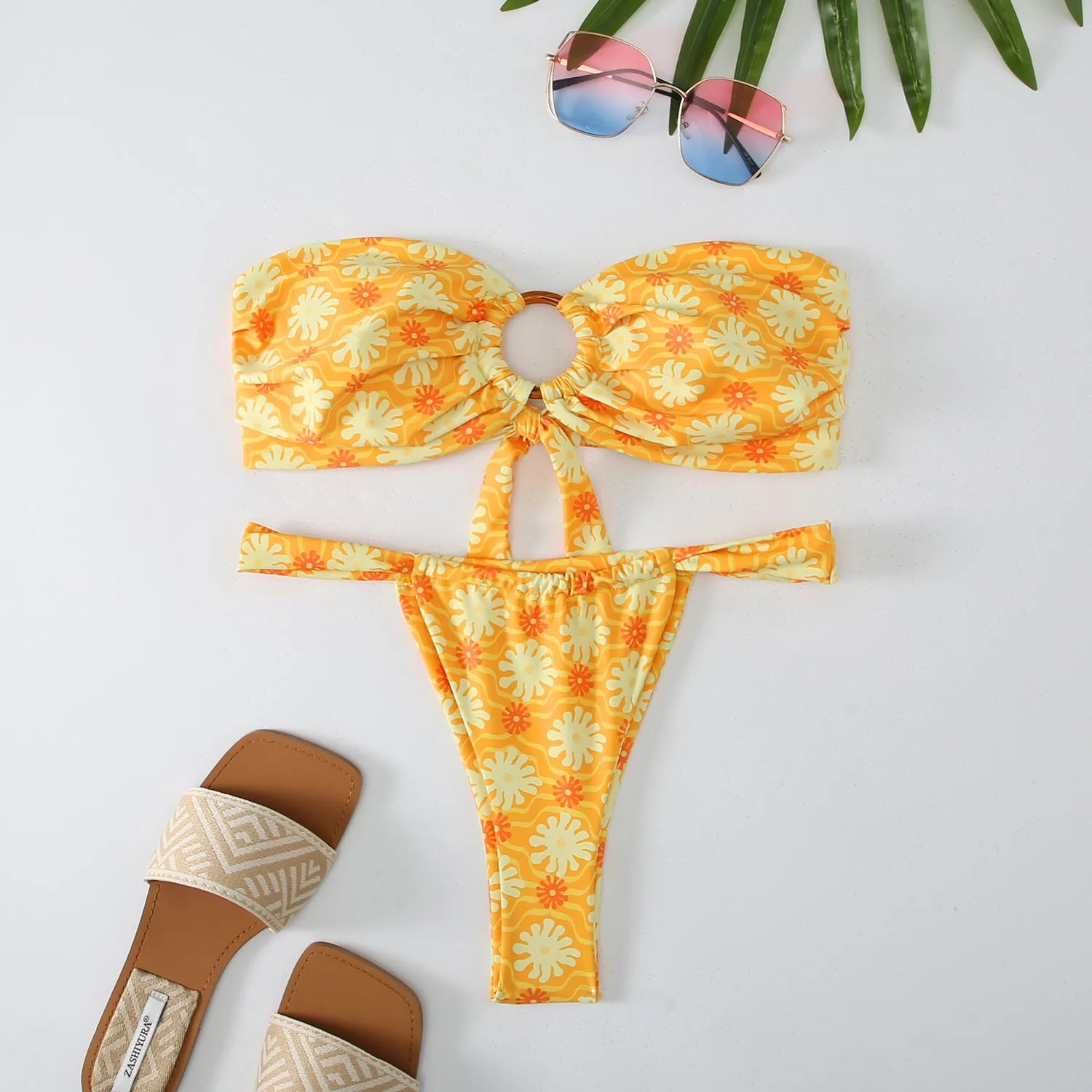 Women's floral printed tube top ring bikini swimsuit with backless briefs