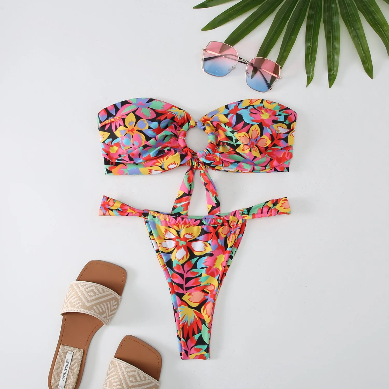 Women's floral printed tube top ring bikini swimsuit with backless briefs