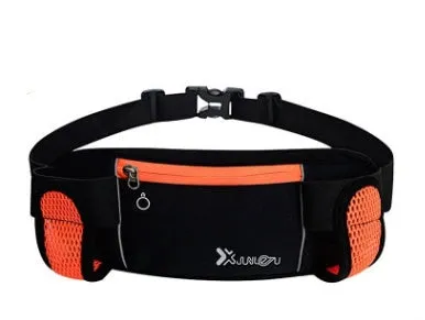 Outdoor sports running belt with diving material, 32x12cm, black colour, showing two pockets for kettle and mobile phone