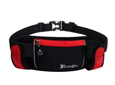 Outdoor sports running belt with diving material, 32x12cm, black colour, showing two pockets for kettle and mobile phone