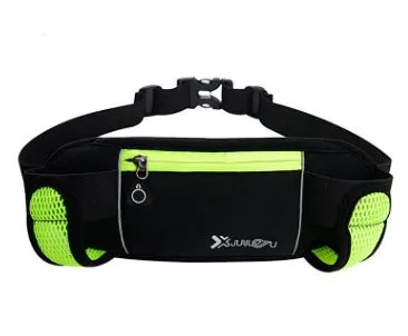 Outdoor sports running belt with diving material, 32x12cm, black colour, showing two pockets for kettle and mobile phone