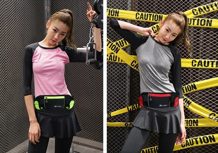 Outdoor sports running belt with diving material, 32x12cm, black colour, showing two pockets for kettle and mobile phone