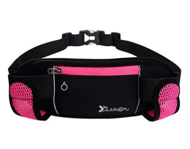 Outdoor sports running belt with diving material, 32x12cm, black colour, showing two pockets for kettle and mobile phone