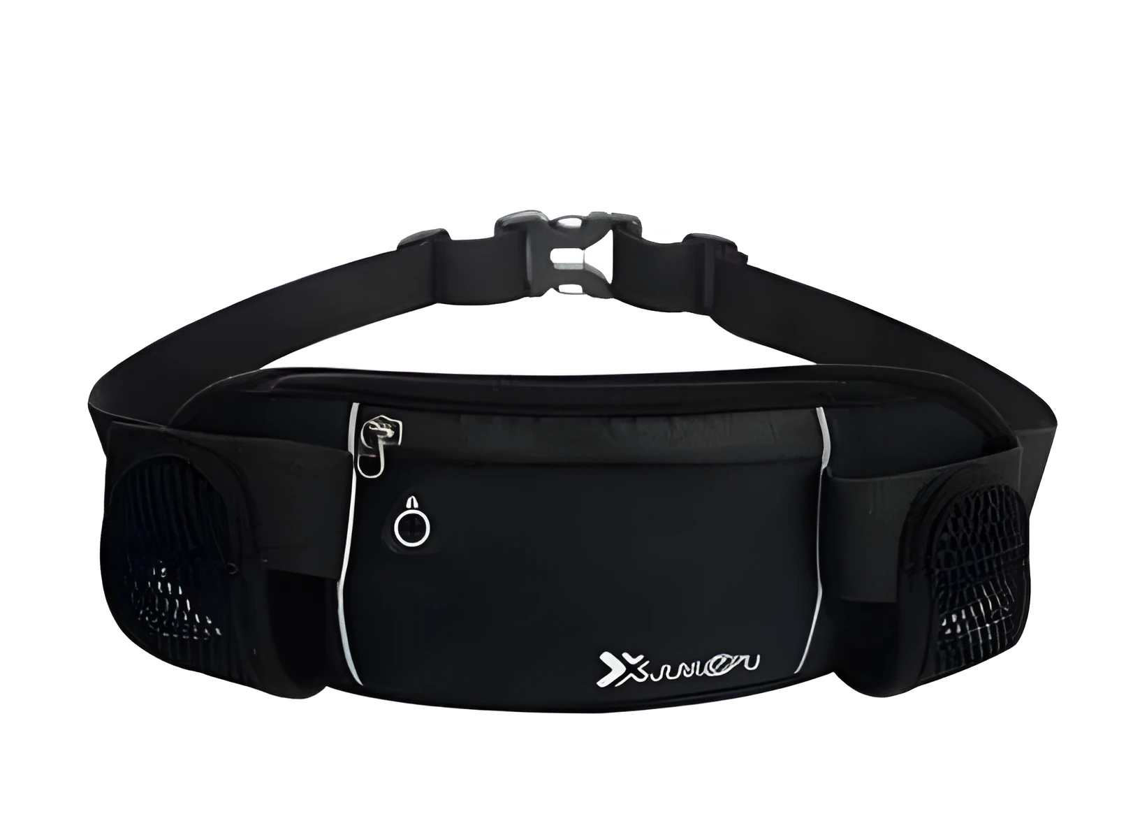Outdoor sports running belt with diving material, 32x12cm, black colour, showing two pockets for kettle and mobile phone