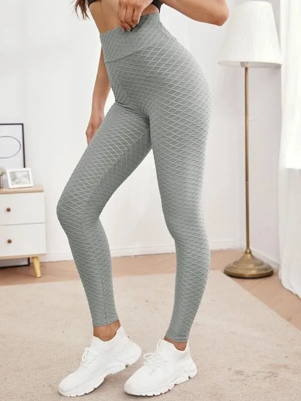 Women's jacquard high waist stretch fitness pants in black, tight fit, with elastic waistband, for running and yoga