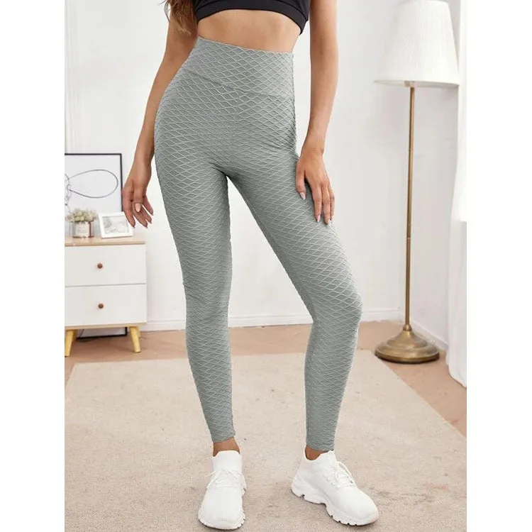 Women's jacquard high waist stretch fitness pants in black, tight fit, with elastic waistband, for running and yoga