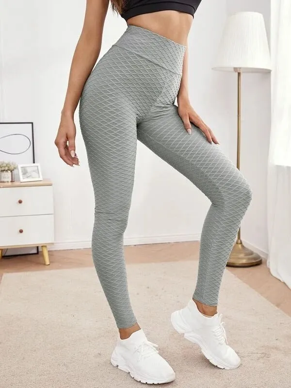 Women's jacquard high waist stretch fitness pants in black, tight fit, with elastic waistband, for running and yoga