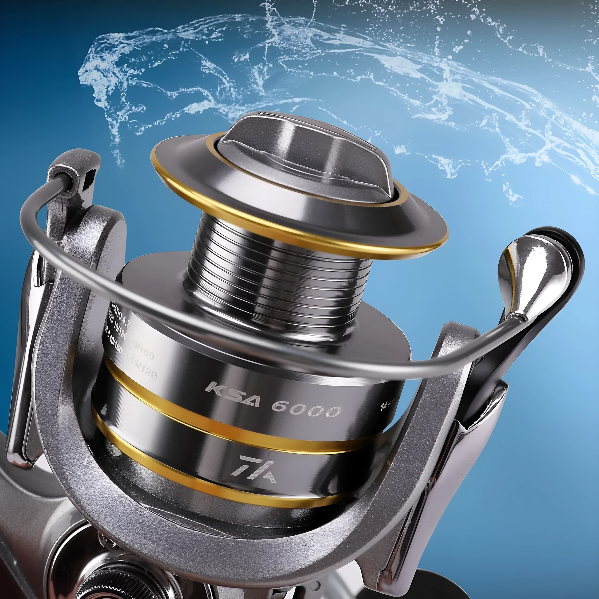 Silver sub fishing line wheel with all-metal rocker arm and metal wire cup on white background