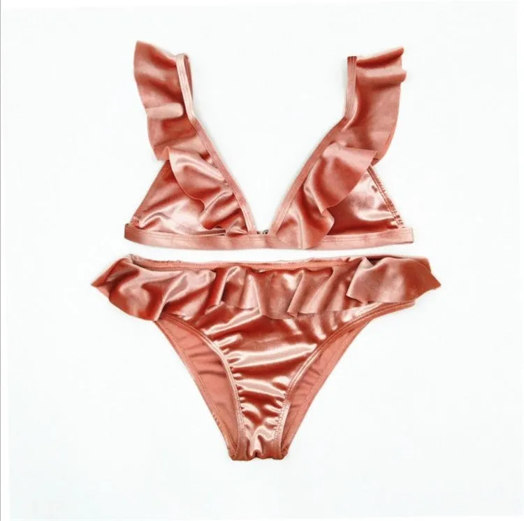 Women ice velvet ruffle bikini set in army green with built-in chest pad, soft polyethylene fibre fabric
