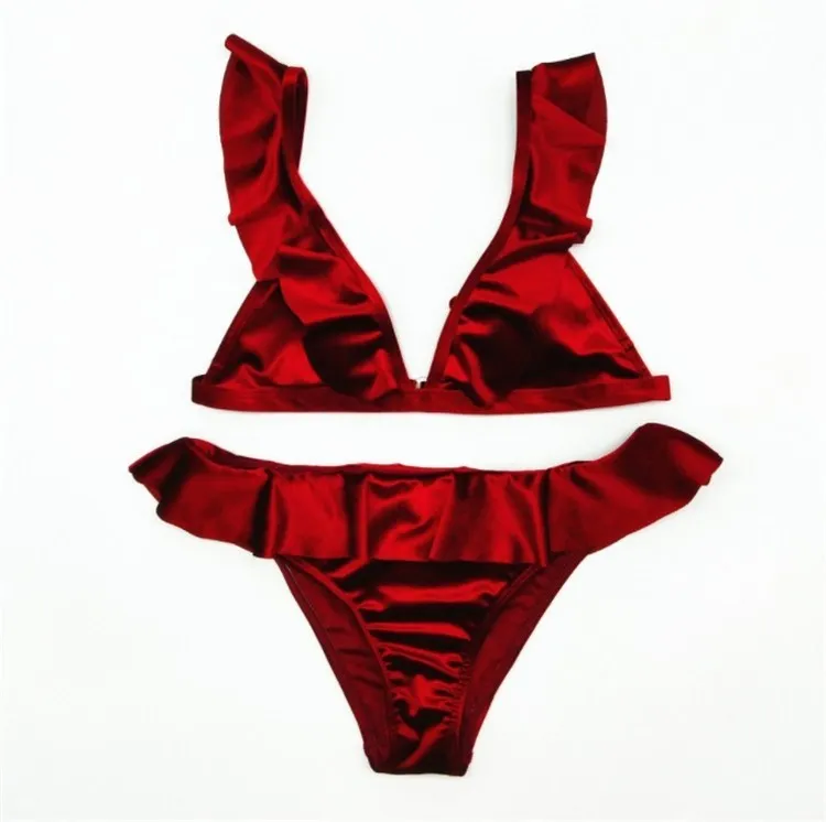 Women ice velvet ruffle bikini set in army green with built-in chest pad, soft polyethylene fibre fabric